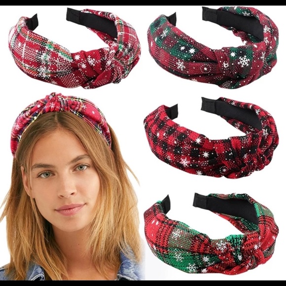New Christmas Holiday fabric top knot Red black Buffalo plaid flexible headband - Picture 6 of 12